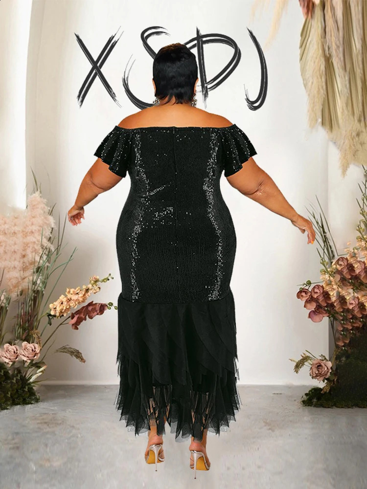 Elegant Dresses for Curvy Women for Evening Party Mesh Hem Black Sequin Dress Off The Shoulder Sexy Vintage Dress Plus Size 240810