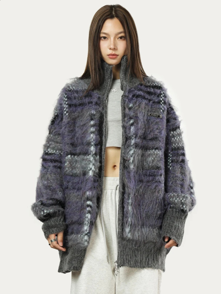 Plaid Cardigan Women Autumn Contrast Color Baggy Retro sweet American Style Daily Trendy Slouchy Blocking Couple 240809