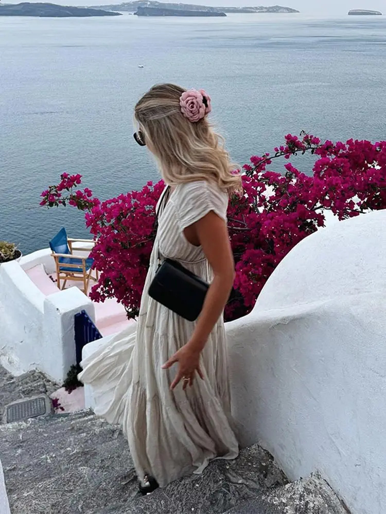 Elegant Solid Round Neck Patchwork Pleated Maxi Dress Chic High Waisted Short Sleeve A-line Hem Robes Summer Lady Casual Dresses 240822