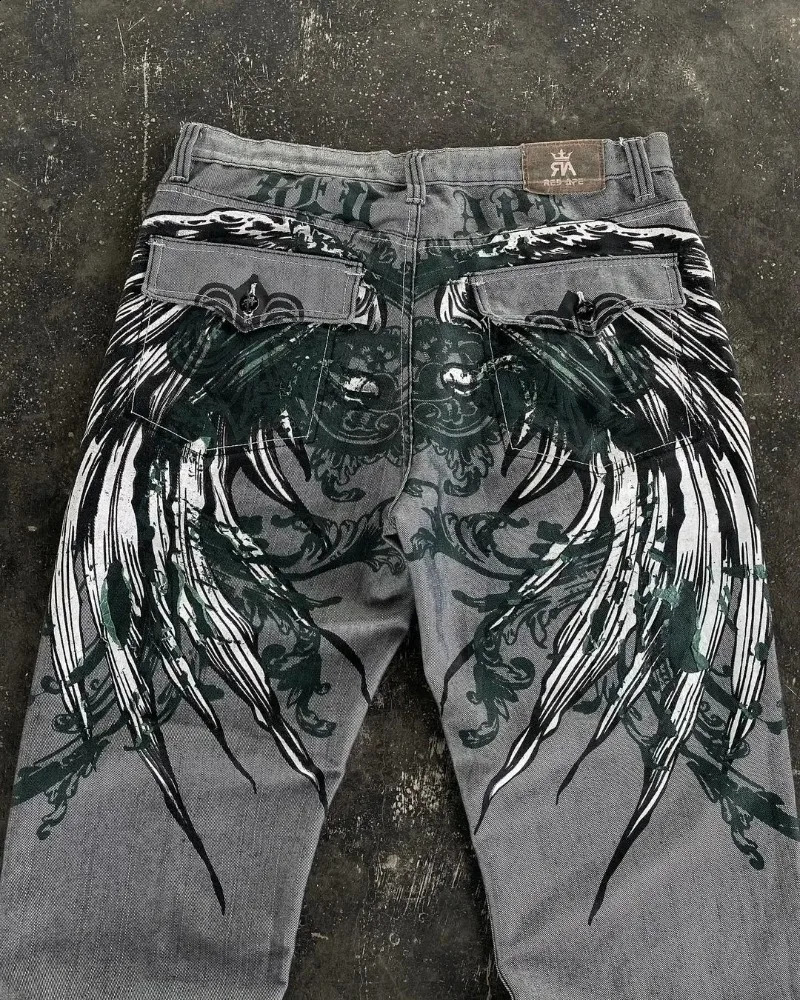 SIRI American Street Mopping Pants Y2K Loose Jeans Harajuku Hip-hop Retro Oversized Print Jeans Mens Gothic Wide-leg Pants 240810
