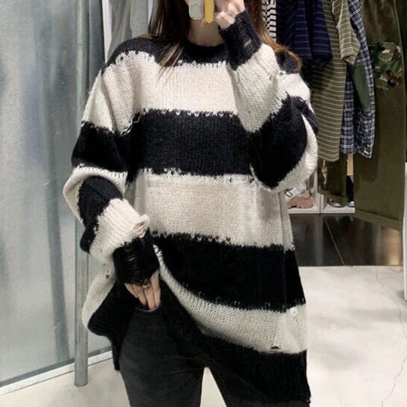 Early Autumn Sweater New Long Sleeve Striped Loose Sweater Female Lazy Pullover Round Neck Sweater Top