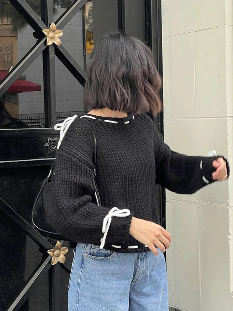 Fashion Contrast Color Knitted Pullover For Women Autumn Y2K Sweet O-neck Long Sleeve Sweater Lady Street Chic Jumper Knitwear 240813