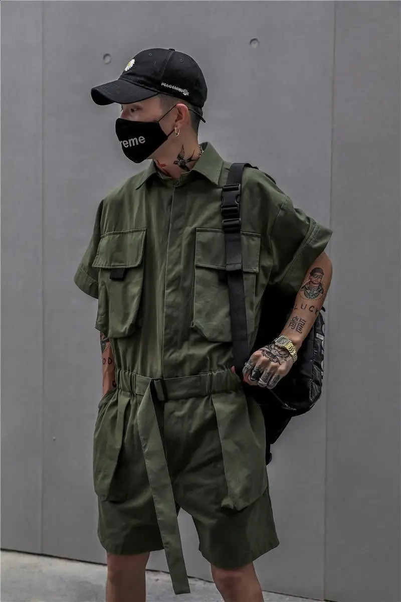 Houzhou Techwear mens short sleeved jumpsuit black bodysuit covering mens green mens Japanese streetwear summer pocket hip-hop240809 - view 3