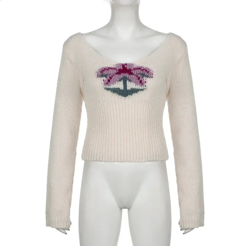 Retro Floral Sweaters Women Y2K Aesthetic Long Sleeve Cropped Jumper Tops Autumn Winter Casual Slim Sweater Pullover 240809