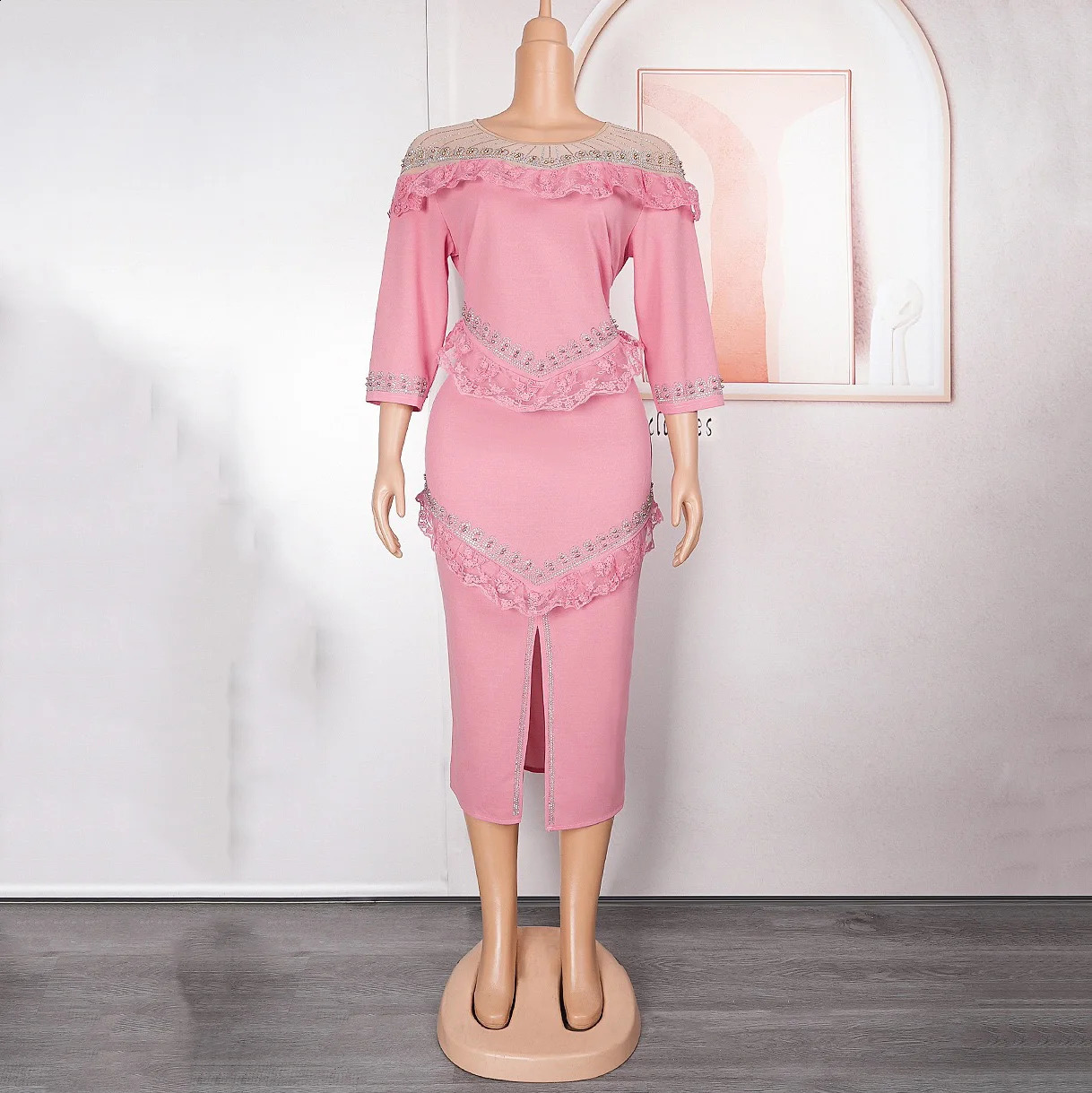 Work Dress for Women Office Elegant O Neck Full Sleeve Diamond Lace Patchwork Front Split Mid Calf Professional Office Dress OL 240809