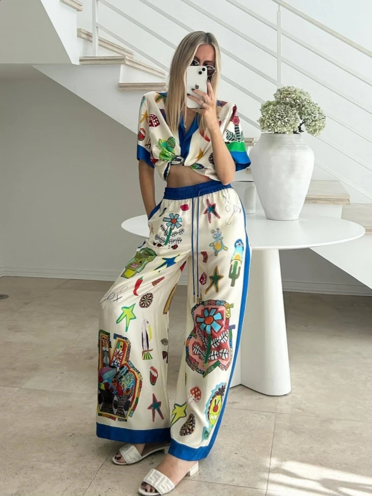 Satin Loose Patchwork Vintage Women Sets Elegant Short Sleeve Shirt Long Pants Two Piece Sets Summer Beach Women Outfits 240809