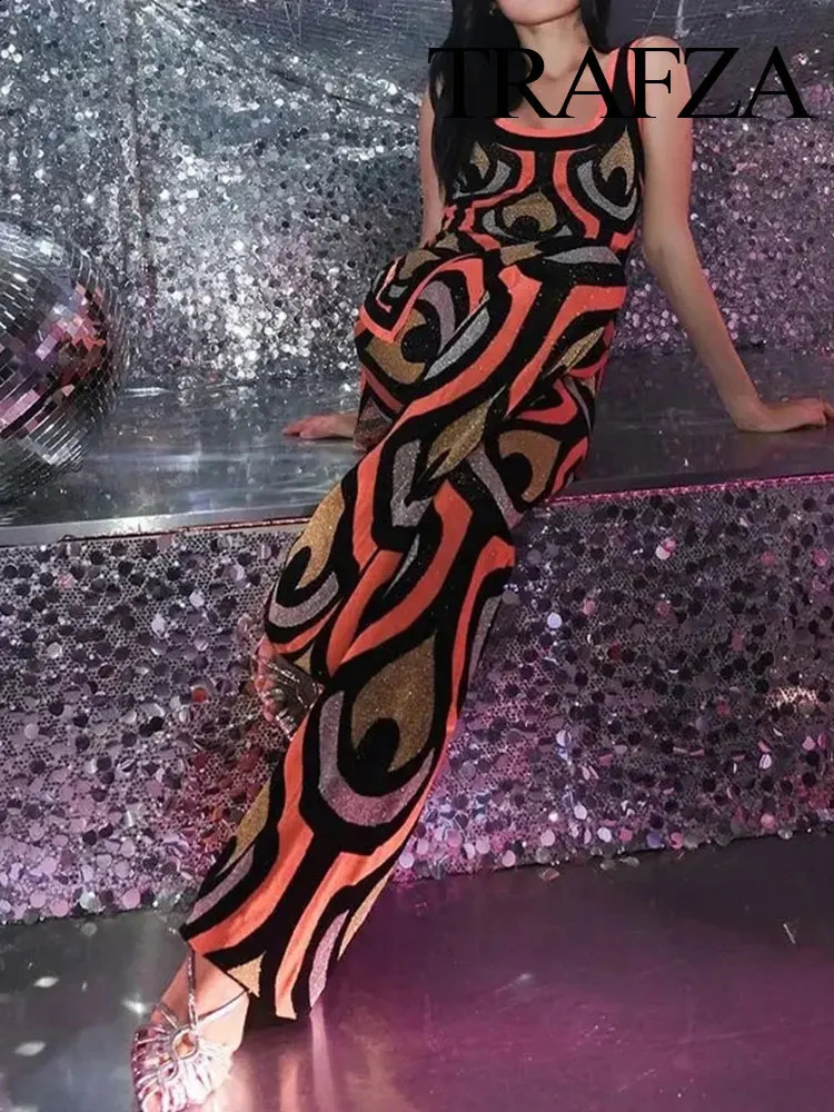 TRAFZA 2024 Spring 2piece Womens Knitted Printed High Waist Slimming Mini DressElastic Straight Wide Pants 240809