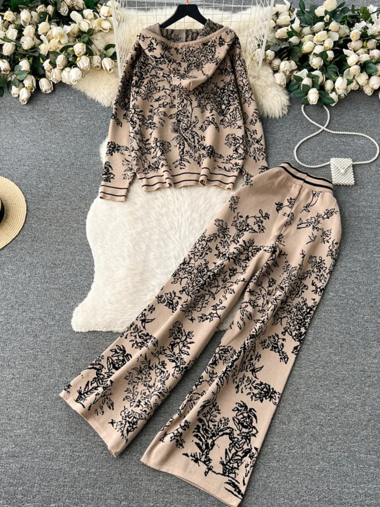 Leisure Fashion Sports Set Age Reducing Knit Shirt 2 Piece For Womens High-end Grade Printed Hooded Sweater Wide Leg Long Pant 240809