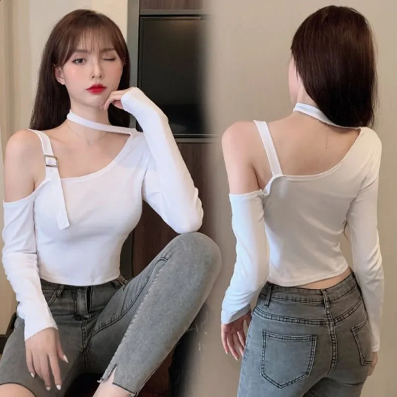 Sexy Fashion Korean Edition Irregular Hanging Neck Off Shoulder Sexy Slim Fit Off Navel Long sleeved T-shirt 240810