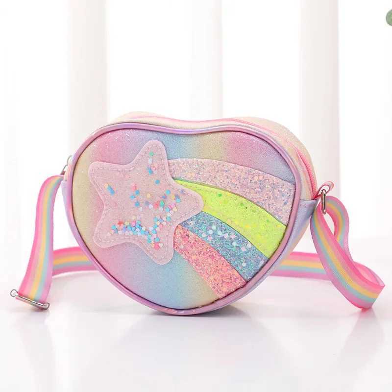 Girls Heart Shape Mini Bag Rainbow Glitter Waist Bag New Kid Shoulder Bag Cartoon Rainbow Sequin Bags Toddler Princess Purse Y240809