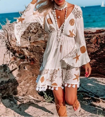 Women starfish flower print long sleeve v-neck beach Bohemian dress tassel mini Boho dress vestidos 240810