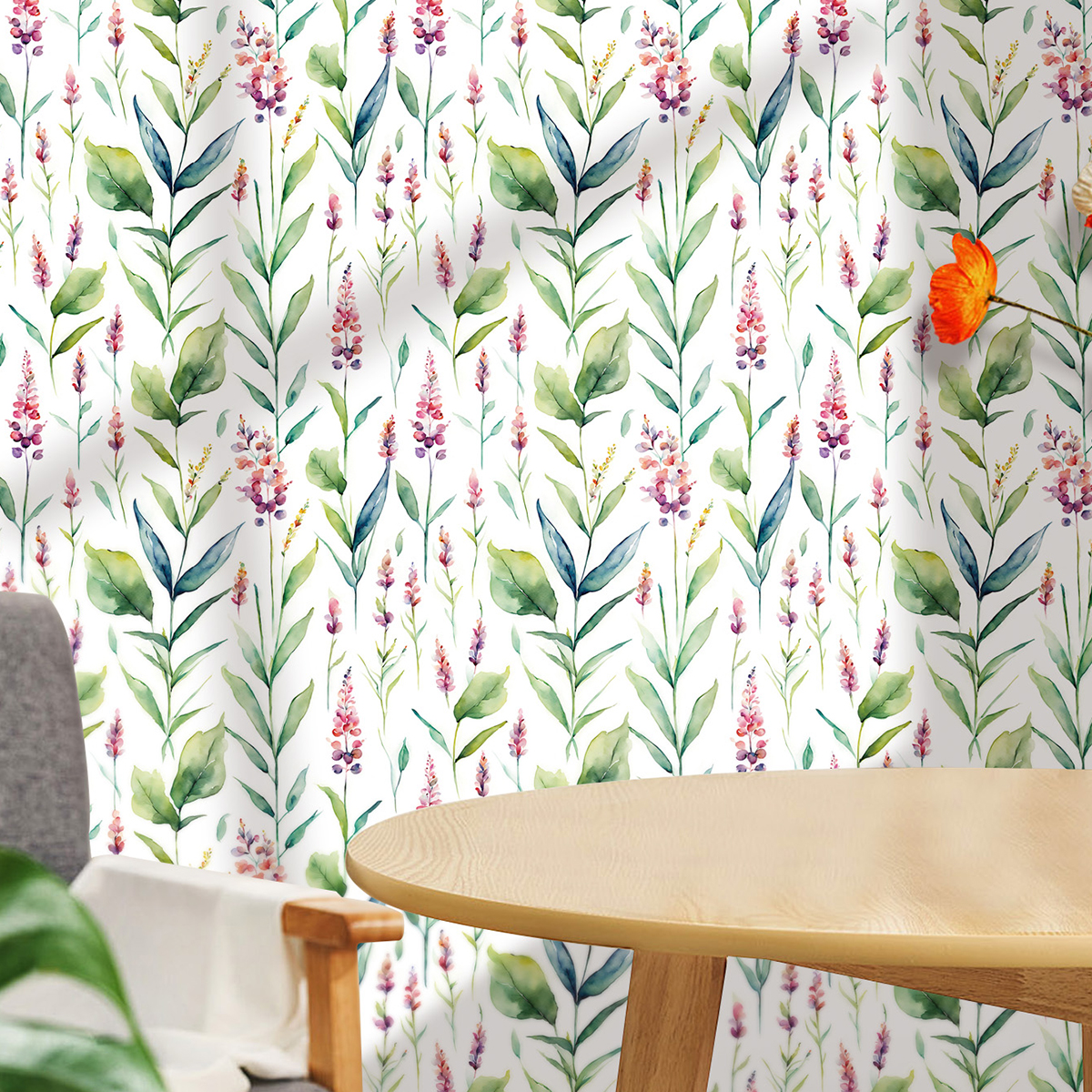 Cross border wallpaper green plants floral patterns vintage personality watercolor lavender style waterproof and moisture-proof home decoration