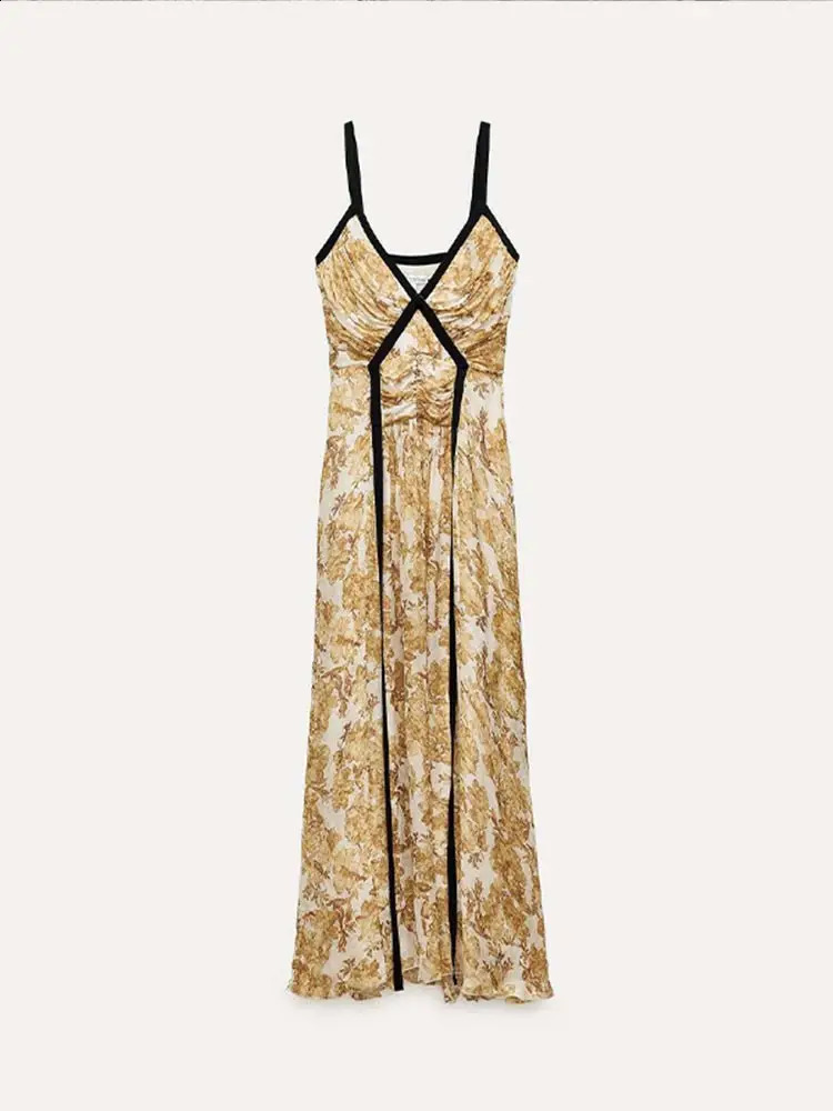 Women Sexy Print Patchwork Sling Dress Fashion V-neck Backless Sleeveless Maxi Dresses Summer Lady Party A-line Robes 240810