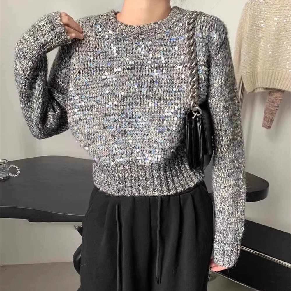 French sequin knit top for women's autumn and winter, new lazy style pullover with round neck, heavy-duty, super beautiful short sweater dongduma
