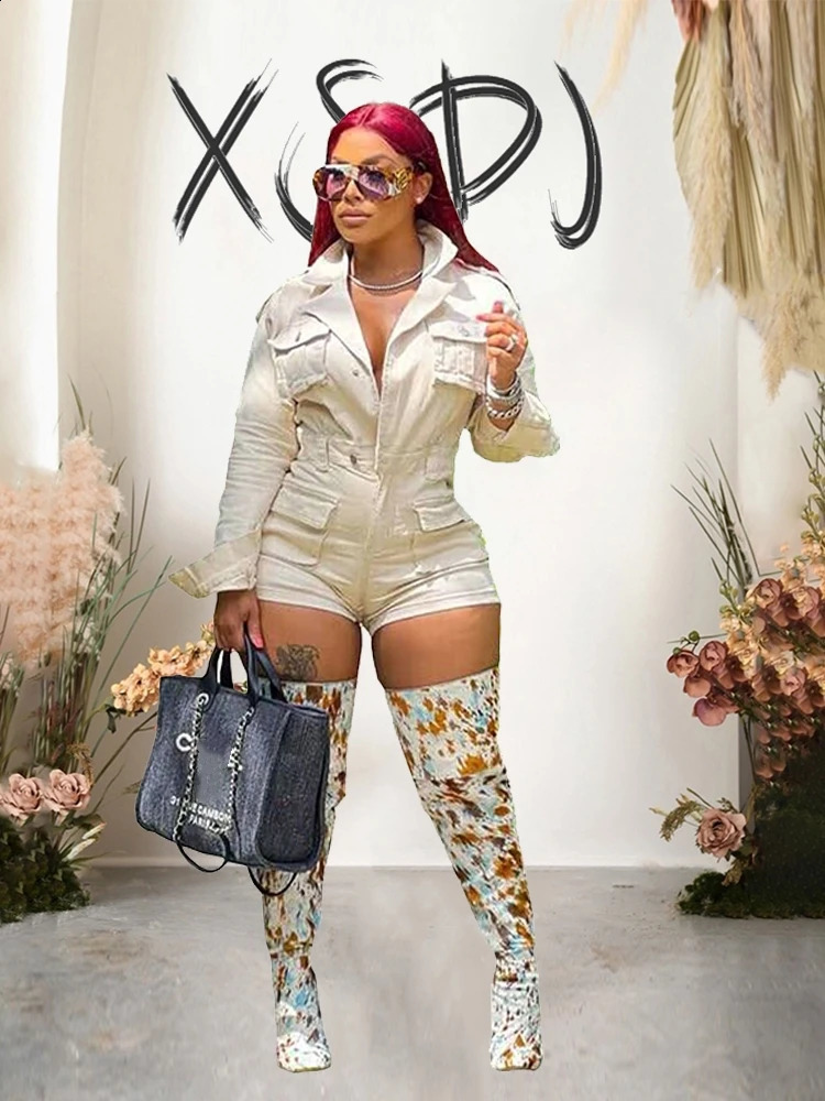 Autumn Denim Long Sleeve Jumpsuit Woman Jumpsuit with Shorts Streetwear Sexy Bodycon Jumpsuit One Piece Wholesale 240810