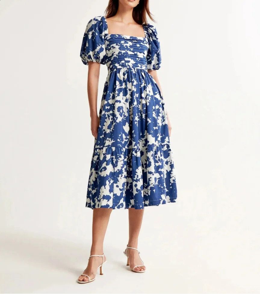 Summer Fashion Printed Dress Women Causal Beach Style Puff Sleeve High Waist A-line Dress Women 240810