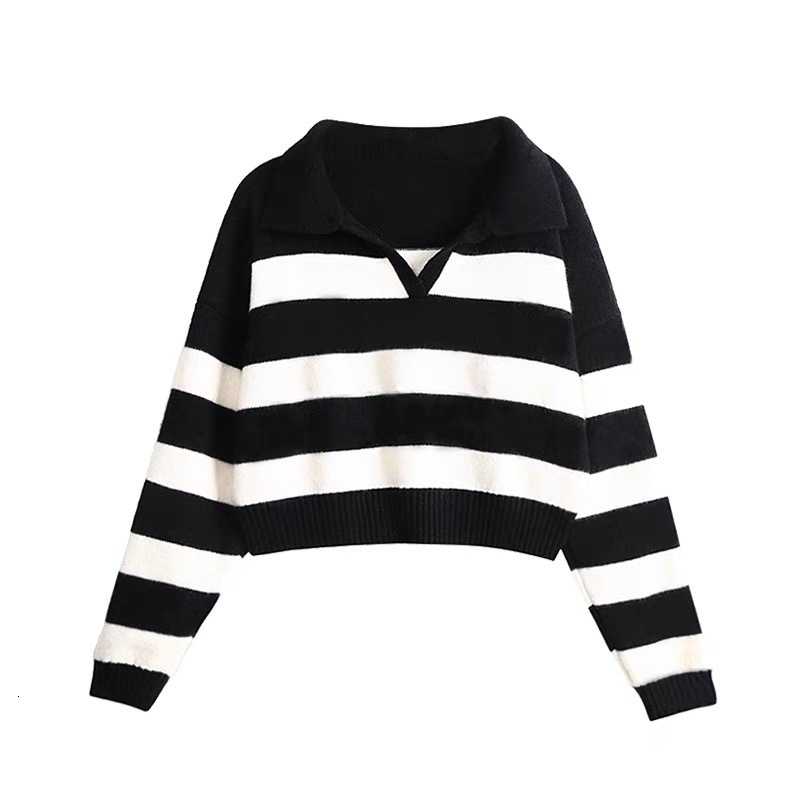2024 autumn and winter new long sleeved POLO collar knitted top women, loose striped contrasting pullover sweater for women dongdumaoyi