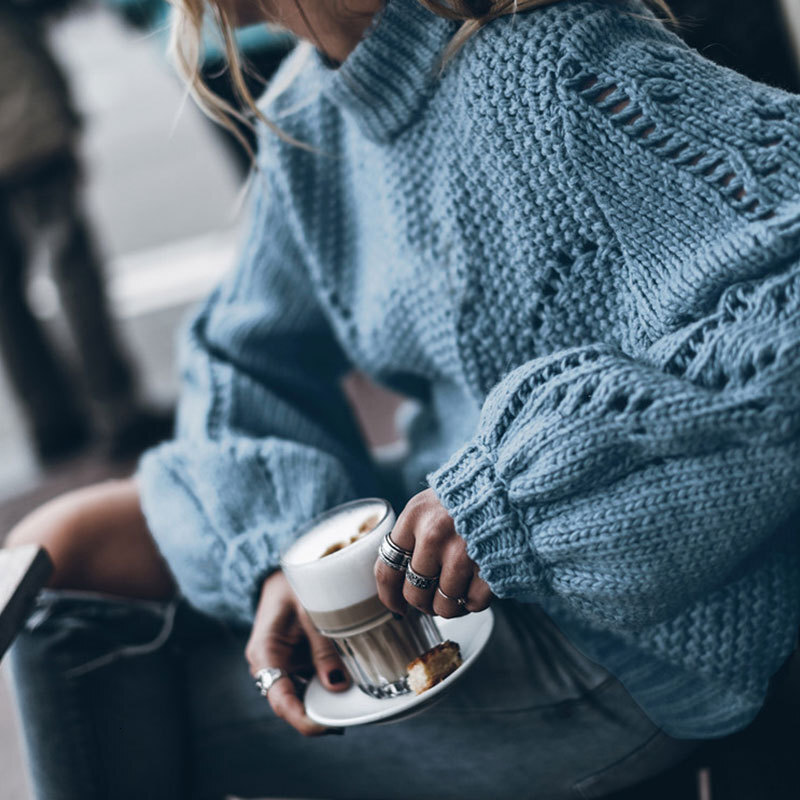 Autumn and Winter New Fashion Thick Thread Solid Round Neck Pullover Long Sleeve Hollow Hole Sweater