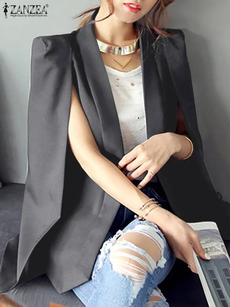 ZANZEA Women Lapel Cloak Blazer Fashion Split Sleeve Coat Autumn Office Solid Cape Casual OL Black Suit Jacket Workwear 240810