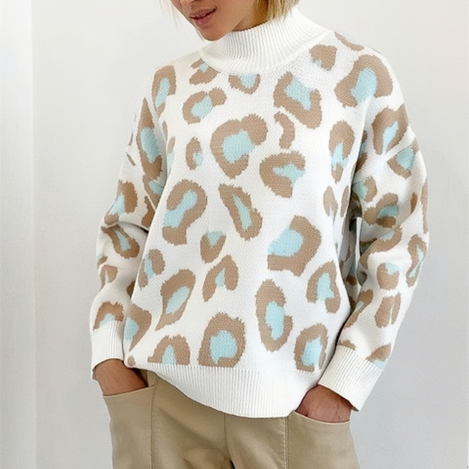 Wind style semi high neck top leopard print loose knit sweater long sleeved autumn/winter pullover, versatile jacquard fashion for outerwear dongdumao