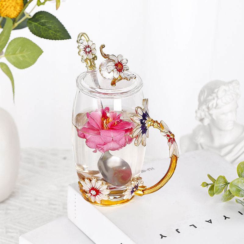 Chrysanthemum coffee cup Round enamel color water cup high temperature resistant crystal glass light luxury transparent tea cup