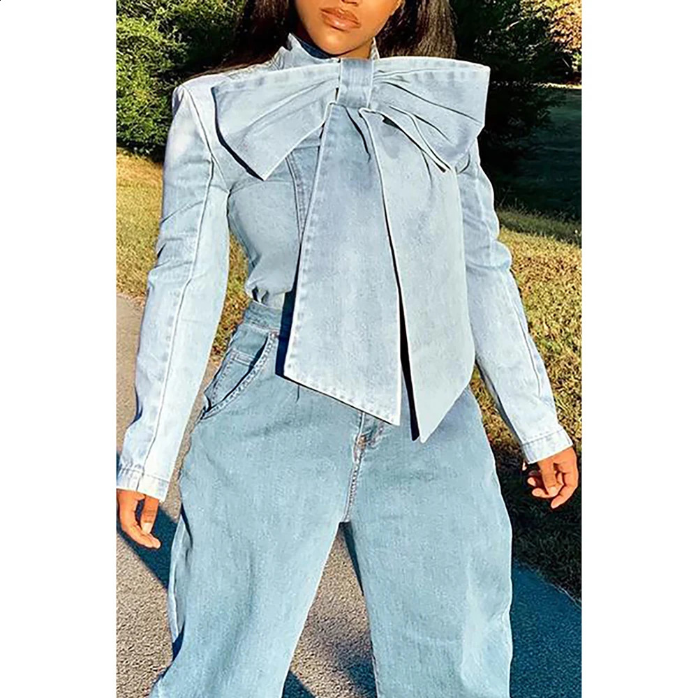 Plus Size Spring Casual Denim Shirt Women Versatile Basic Loose Blouse Stand Collar Lantern Sleeve Female Bow Decor Lace-up Tops 240810