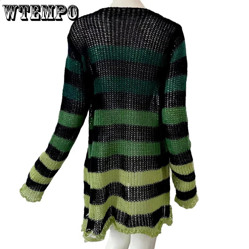 Goth Y2K Striped Sweater Ripped Punk Gothic Sweaters for Women Harajuku Aesthetic Halloween Pullover Tops 240812