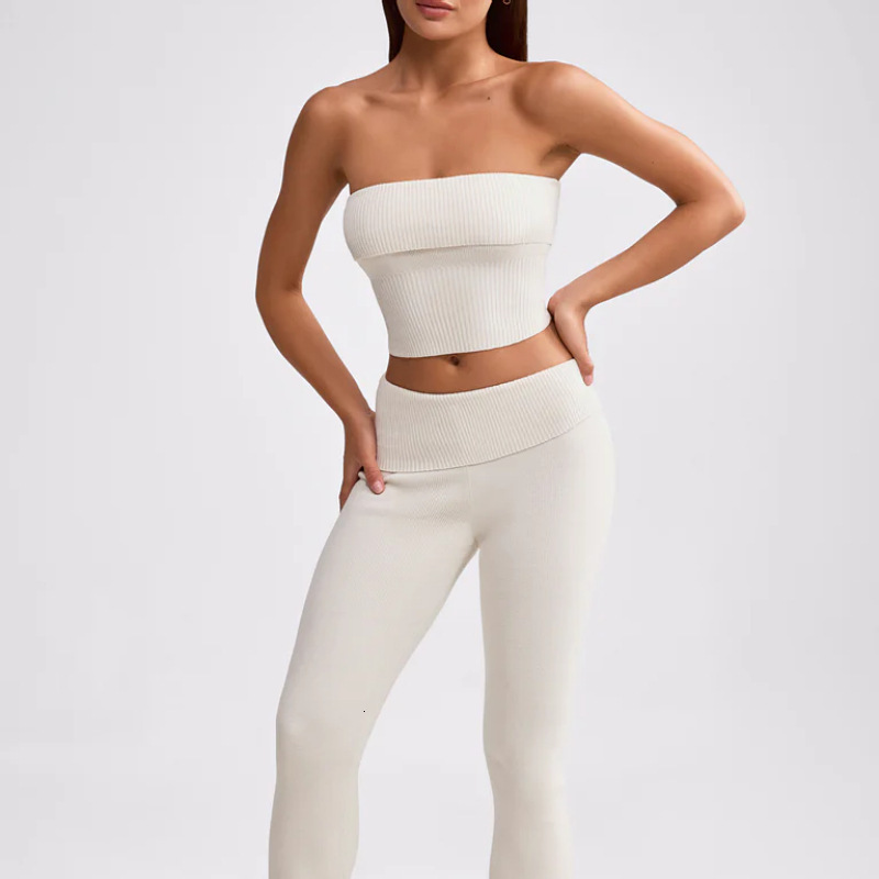 New Spicy Girl Womens Summer Suit Strapless Top Flared Pants Yoga Suit Two-piece Set for Women