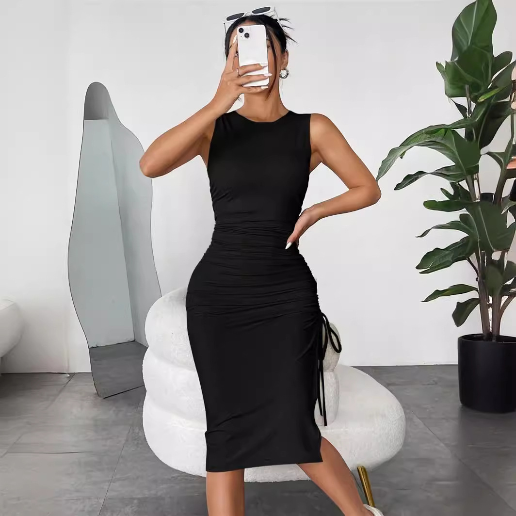New sleeveless vest skirt with pleats drawstring slim fit hip hugging skirt summer dress
