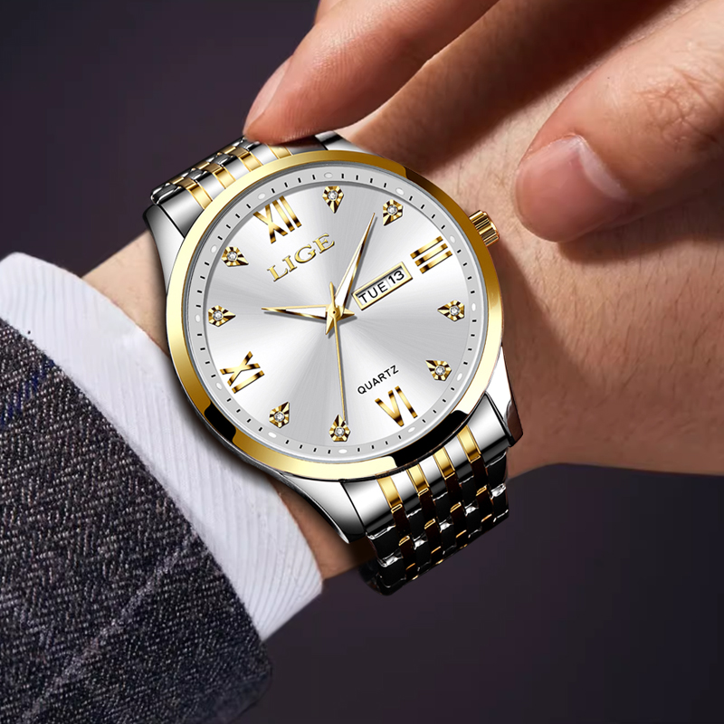 LIGE Men's New Multi functional Waterproof Alarm Clock Dual Display Electronic Watch Fashion Sports Timing Code Watch