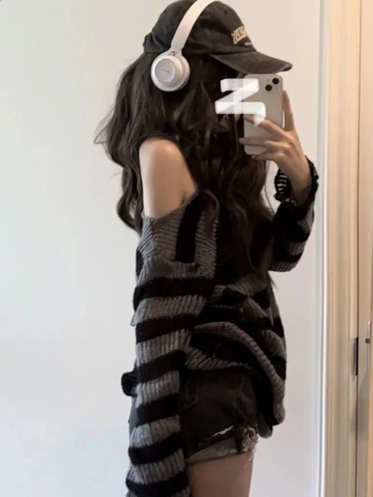 Gothic Sexy Hollow Out Sweaters Women Y2K Striped Loose Long Sleeve Punk Knitted Jumpers Streetwear Harajuku Hip Hop Tops 240812