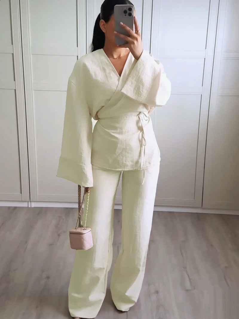 Womens casual lace shirt set 2 pieces loose long sleeved top drawstring pants soft womens clothing for springsummer 2024 240809