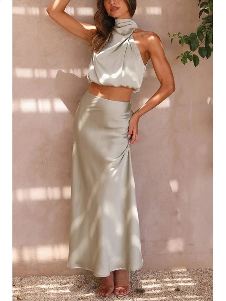Two Piece Set For Women Satin Midi Long Skirts Sleeveless Off Shoulder Solid Color Sexy Cropped Top A-line Skirt Set 2 Piece 240810 - view 7