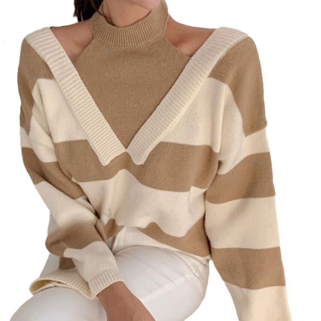 Striped soft sticky for women with a niche design, autumn and winter new loose off shoulder knitted sweater dongdumaoyi