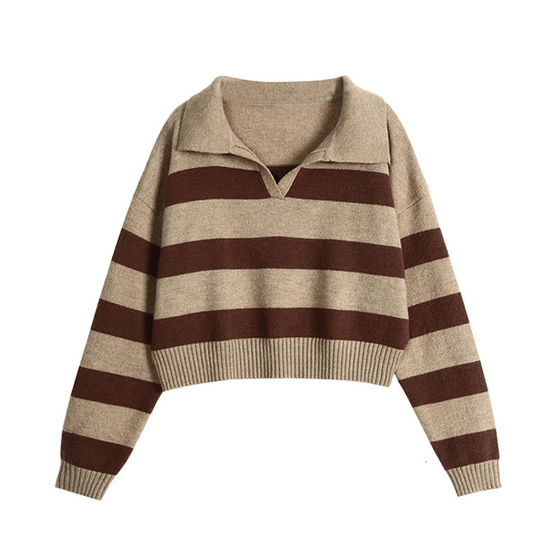 2024 autumn and winter new long sleeved POLO collar knitted top women, loose striped contrasting pullover sweater for women dongdumaoyi