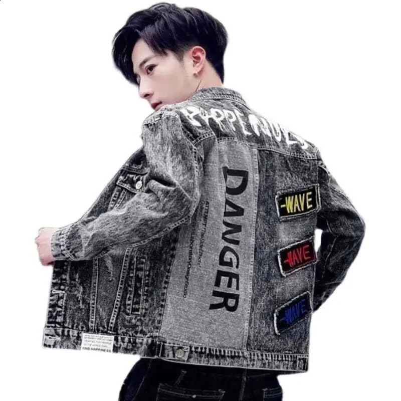 Button Hip Hop Casual Slim Short Autumn with Print Denim Jackets Man Black Gray Jeans Coat for Men on Board High Quality Fashion 240816