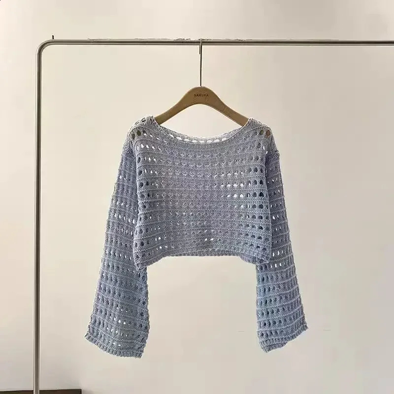 Y2K Long Sleeve Crochet Knit Top Summer Beach Bikini Cover Up Crop Pullover Wool Knitwear Blouse Women Vacation Boho Outfit 240824