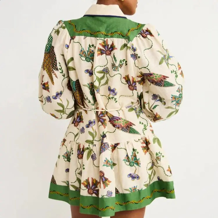 Long-sleeved Short Dress Flower Girl Floral Print Long-sleeved Lantern Sleeve Dress Lapel Graffiti Print Lace-up Dress For Women 240810