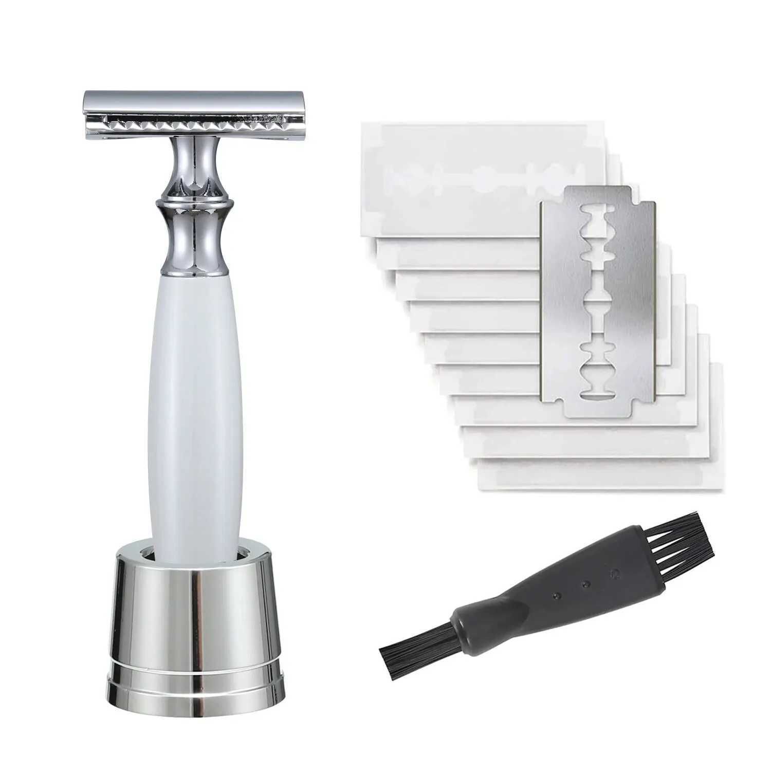 Female metal safety shaver including 10 zero waste shavers wet shavers and a handle with a white closed comb W240809