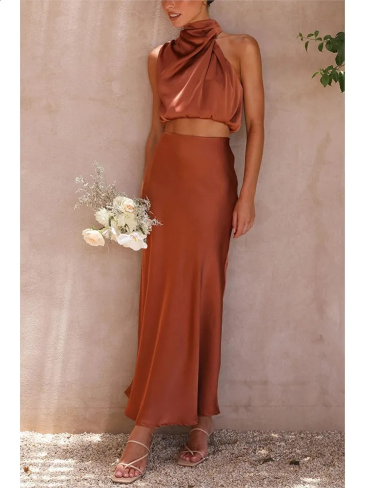 Two Piece Set For Women Satin Midi Long Skirts Sleeveless Off Shoulder Solid Color Sexy Cropped Top A-line Skirt Set 2 Piece 240810 - view 5