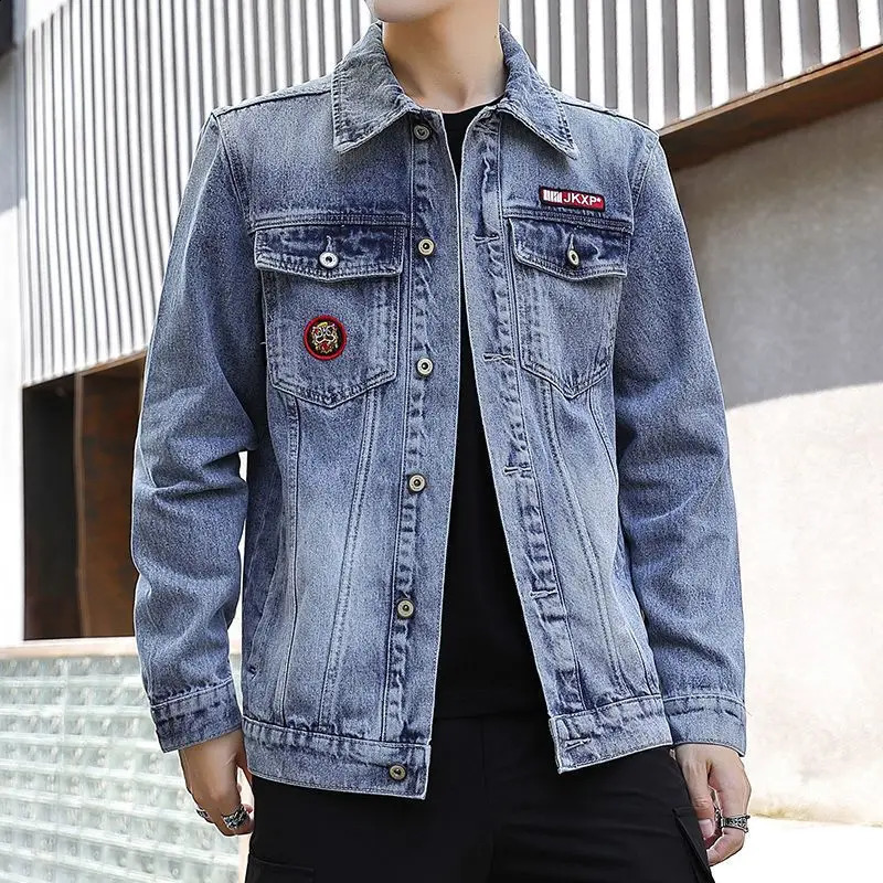 Denim Jacket Men Printed Black Streetwear Bomber Jacket Embroidery Spring Autumn Windbreaker Blue Jean Korean Fashion Loose 240816