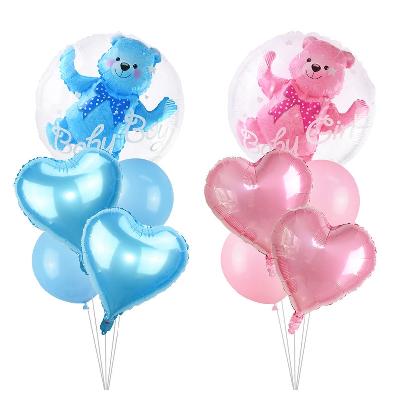 4D Transparent Baby Shower Boy Girl Bear Bubble Ball Kids 1st Birthday Party Blue Pink Helium Balloon Gender Reveal Decoration 240809
