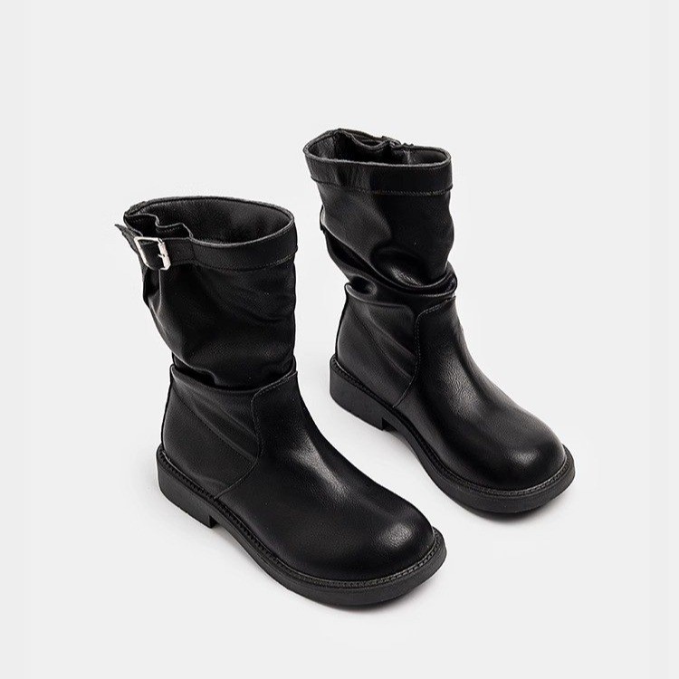 Korean Style Spring/Autumn Brown Round Toe Pleated Mid Calf Martin Boots.