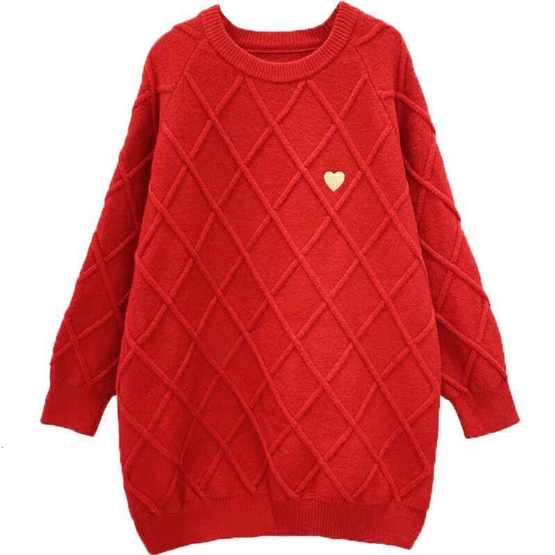 Red Christmas for women, medium to long, thick lazy style, loose and heart-shaped pullover, knitted sweater trend dongdumaoyi
