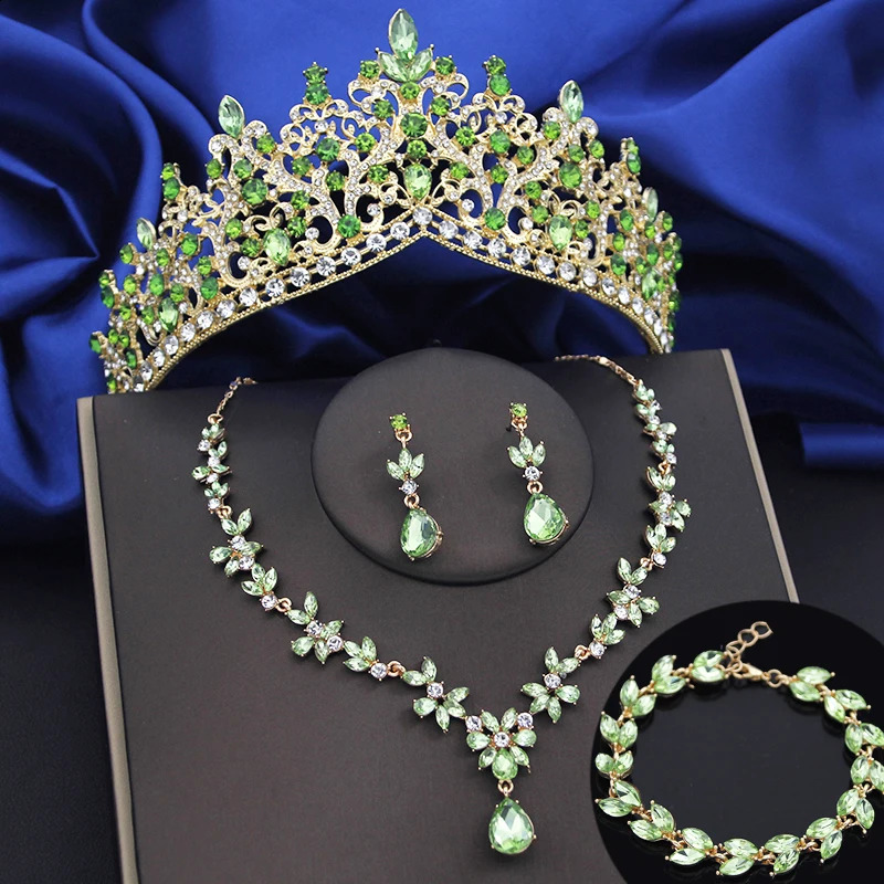4-piece Lime Green Crown Jewelry Set Womens Fashion Tiaras Bracelet Earrings and Necklace Set Bridal Wedding Promotion Accessories 240805