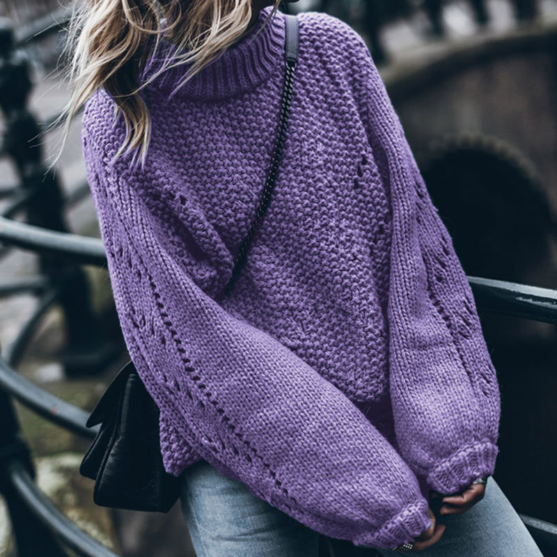 Autumn and Winter New Fashion Thick Thread Solid Round Neck Pullover Long Sleeve Hollow Hole Sweater