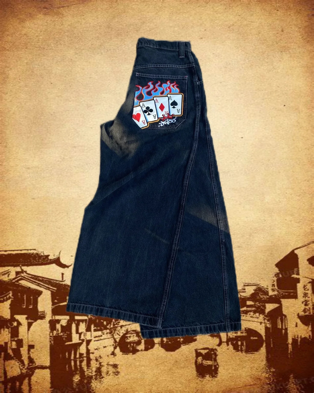 2024 American Jnco poker card pattern jeans for men and women casual loose hip-hop original streetwear Y2k Jnco jeans Traf240809