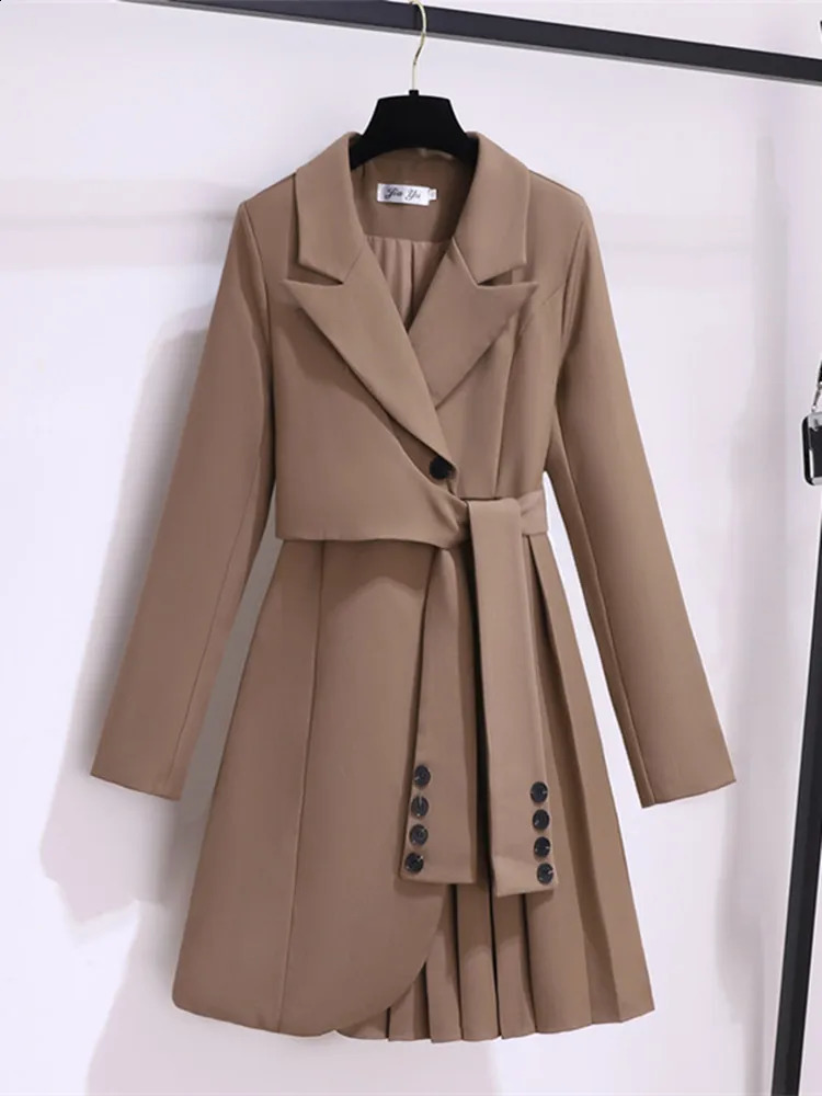 Autumn Office Sashes Bandage Waist Tie Blazer Dress Women Long Sleeve Notched Collar Pleated Irregular Mini Vestidos 240810
