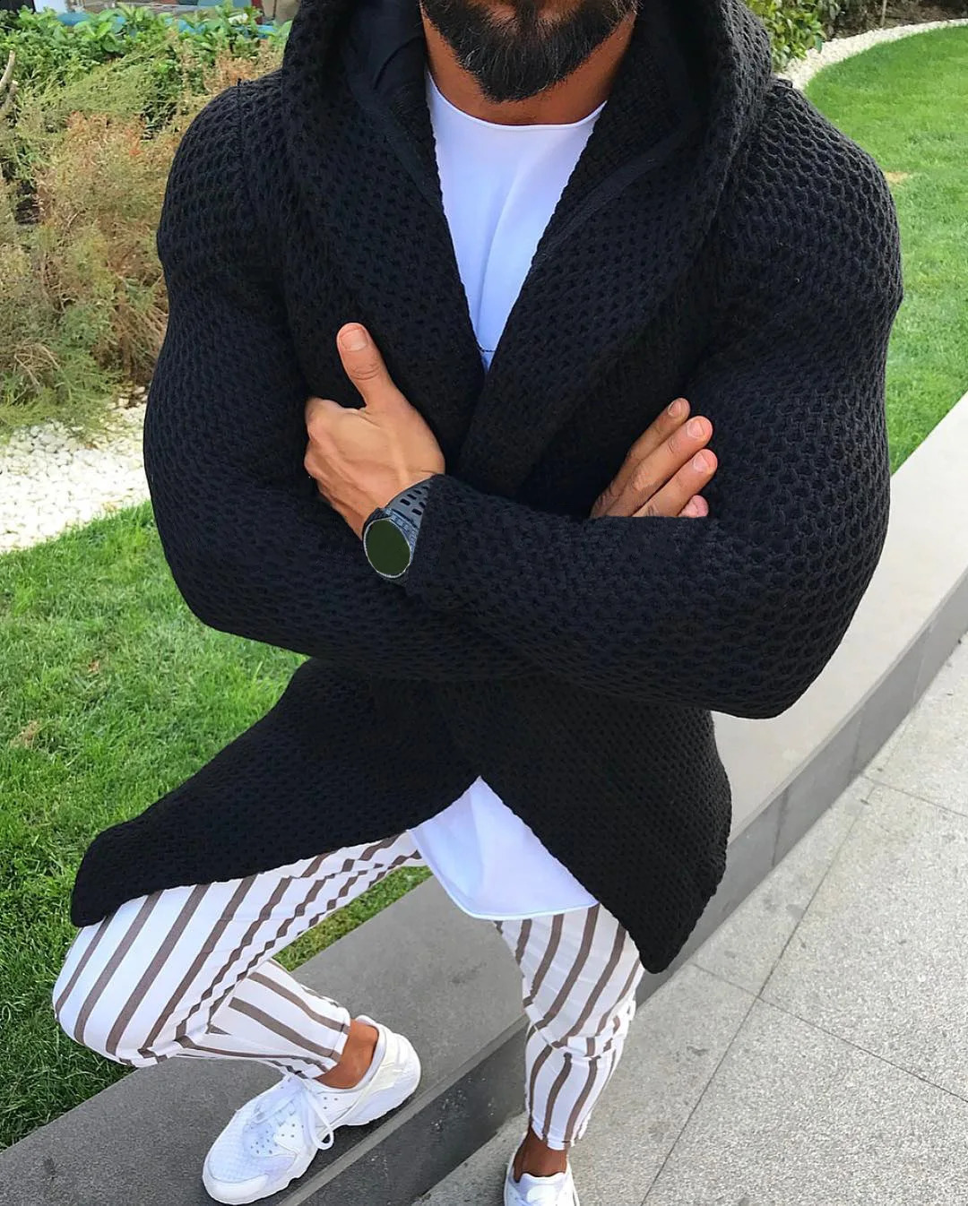 Fashion Men Sweater Cardigan Autumn Winter Slim Solid Color Long Sleeved Cardigan Hooded Knitted Sweater Mens Top 240814