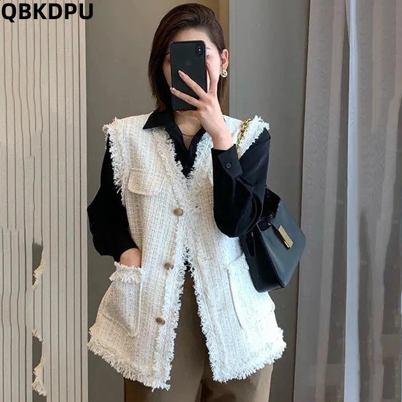 Korean Tweed Vest Jackets Oversized Sleeveless Coat Casual Chaleco Chaqueta Spring Summer Gilet Top Fashion Unlined Waistcoat 240810